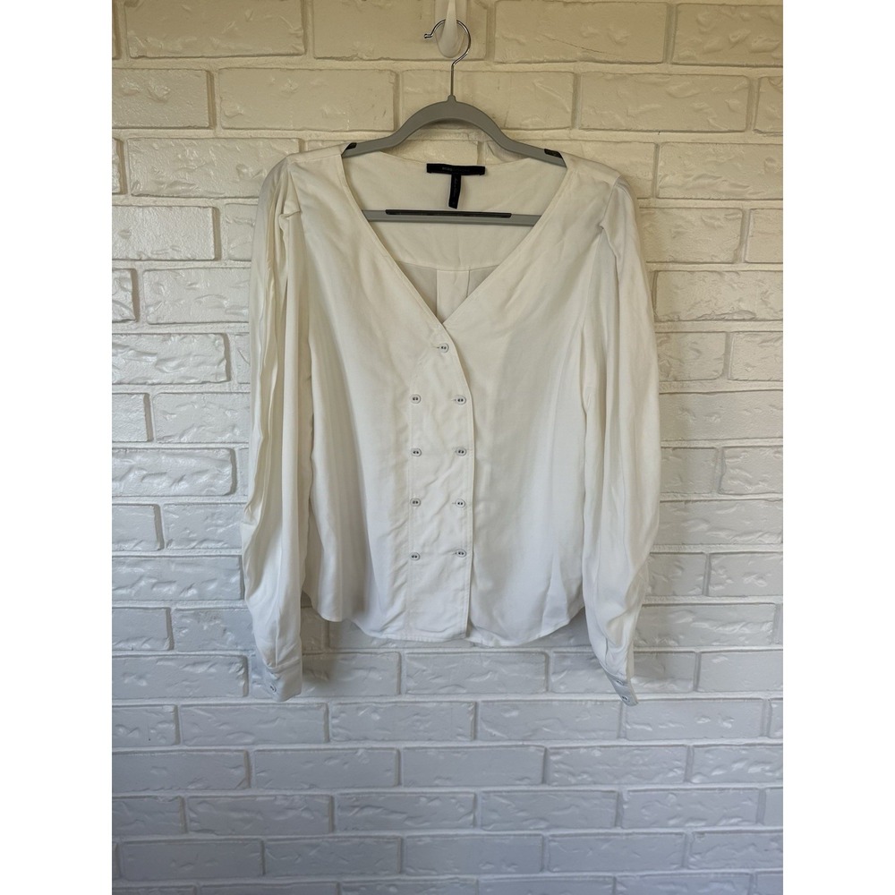 BCBG Maxazria Upper East Side Blouse | Cream Satin Feel V-Neck Size M